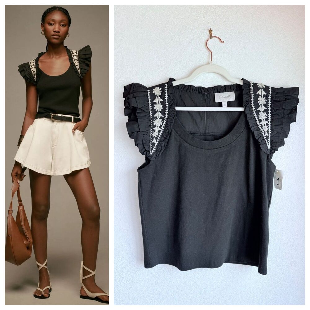 NWT Cleobella Raven Flutter-Sleeve Embroidered Top in Black & White Size XL